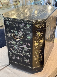 A large Chinese export mother-of-pearl-inlaid lacquer tea chest, 19th C.