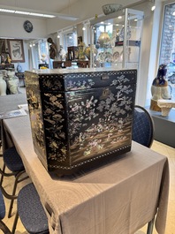 A large Chinese export mother-of-pearl-inlaid lacquer tea chest, 19th C.