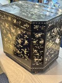A large Chinese export mother-of-pearl-inlaid lacquer tea chest, 19th C.