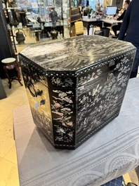 A large Chinese export mother-of-pearl-inlaid lacquer tea chest, 19th C.