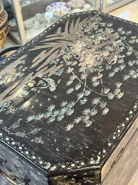 A large Chinese export mother-of-pearl-inlaid lacquer tea chest, 19th C.