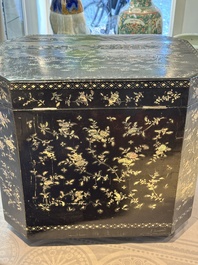 A large Chinese export mother-of-pearl-inlaid lacquer tea chest, 19th C.
