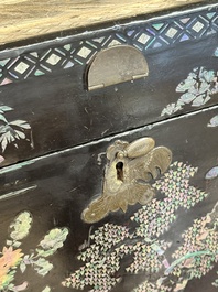 A large Chinese export mother-of-pearl-inlaid lacquer tea chest, 19th C.