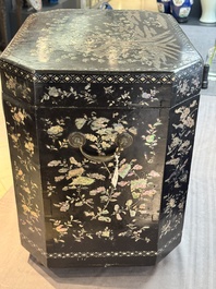 A large Chinese export mother-of-pearl-inlaid lacquer tea chest, 19th C.