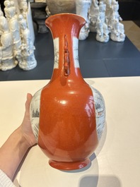 A Chinese grisaille coral red-ground vase, a famille rose eggshell vase and two bowls, Qianlong mark, 20th C.