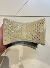 A Chinese cream-glazed pillow, a grey terracotta roof tile and a grey-glazed cover, Republic and earlier