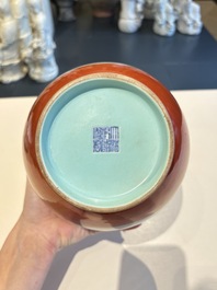 A Chinese grisaille coral red-ground vase, a famille rose eggshell vase and two bowls, Qianlong mark, 20th C.