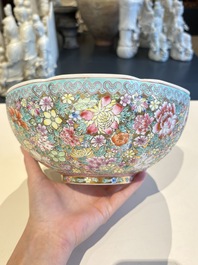 A Chinese grisaille coral red-ground vase, a famille rose eggshell vase and two bowls, Qianlong mark, 20th C.