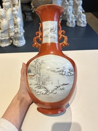 A Chinese grisaille coral red-ground vase, a famille rose eggshell vase and two bowls, Qianlong mark, 20th C.