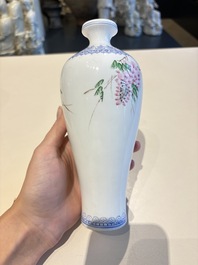 A Chinese grisaille coral red-ground vase, a famille rose eggshell vase and two bowls, Qianlong mark, 20th C.