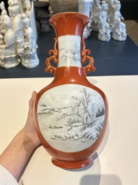 A Chinese grisaille coral red-ground vase, a famille rose eggshell vase and two bowls, Qianlong mark, 20th C.