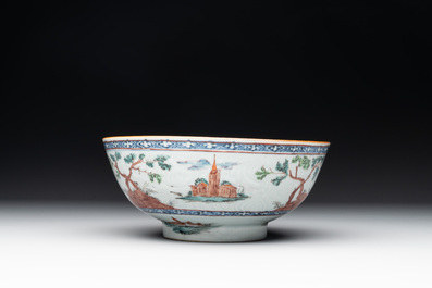 Two Dutch-decorated Chinese blue and white bowls with figures and landscapes, Qianlong