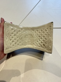 A Chinese cream-glazed pillow, a grey terracotta roof tile and a grey-glazed cover, Republic and earlier