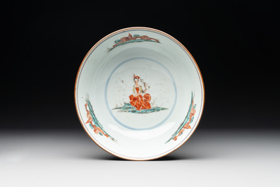 Two Dutch-decorated Chinese blue and white bowls with figures and landscapes, Qianlong