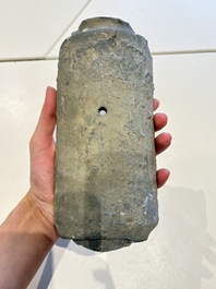 A Chinese cream-glazed pillow, a grey terracotta roof tile and a grey-glazed cover, Republic and earlier
