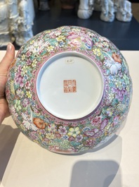 A Chinese grisaille coral red-ground vase, a famille rose eggshell vase and two bowls, Qianlong mark, 20th C.