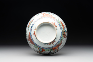 Two Dutch-decorated Chinese blue and white bowls with figures and landscapes, Qianlong