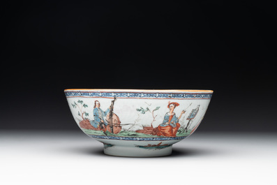 Two Dutch-decorated Chinese blue and white bowls with figures and landscapes, Qianlong