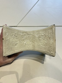 A Chinese cream-glazed pillow, a grey terracotta roof tile and a grey-glazed cover, Republic and earlier