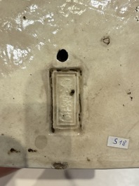 A Chinese cream-glazed pillow, a grey terracotta roof tile and a grey-glazed cover, Republic and earlier
