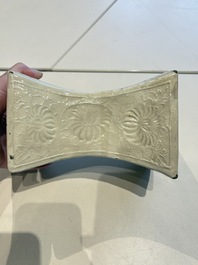 A Chinese cream-glazed pillow, a grey terracotta roof tile and a grey-glazed cover, Republic and earlier