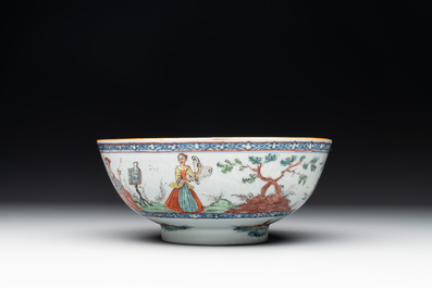 Two Dutch-decorated Chinese blue and white bowls with figures and landscapes, Qianlong