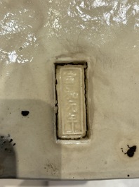 A Chinese cream-glazed pillow, a grey terracotta roof tile and a grey-glazed cover, Republic and earlier