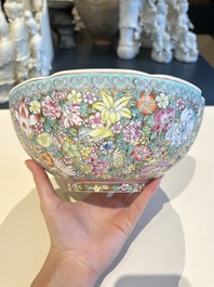 A Chinese grisaille coral red-ground vase, a famille rose eggshell vase and two bowls, Qianlong mark, 20th C.