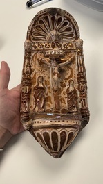 Two Hispano-Moresque lustre-glazed holy water fonts and a polychrome holy water font, Spain, 17/18th C.
