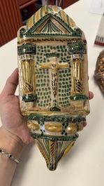 Two Hispano-Moresque lustre-glazed holy water fonts and a polychrome holy water font, Spain, 17/18th C.