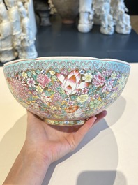 A Chinese grisaille coral red-ground vase, a famille rose eggshell vase and two bowls, Qianlong mark, 20th C.