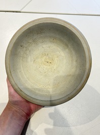 A Chinese cream-glazed pillow, a grey terracotta roof tile and a grey-glazed cover, Republic and earlier
