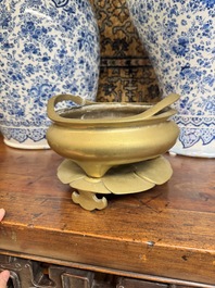 A large Chinese bronze tripod censer on stand, Wu Chen Mi Sheng Tang 戊辰米生堂 mark, dated 1868