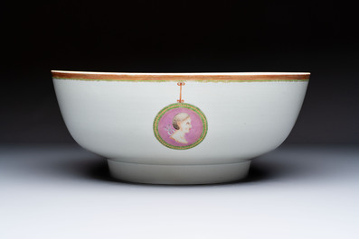 A rare and large Chinese famille rose 'Mythological Subject' punch bowl for the Danish market, Qianlong, ca. 1790