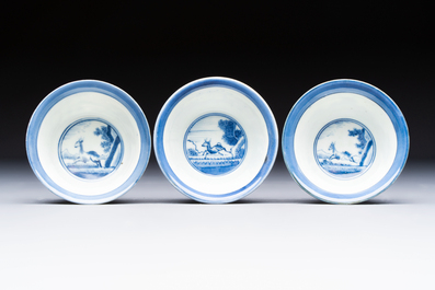 Three Japanese Arita blue and white &lsquo;Van Frytom&rsquo; cups and four shield-shaped saucers, Ming and Chenghua mark, ca. 1700