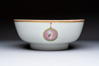 A rare and large Chinese famille rose 'Mythological Subject' punch bowl for the Danish market, Qianlong, ca. 1790
