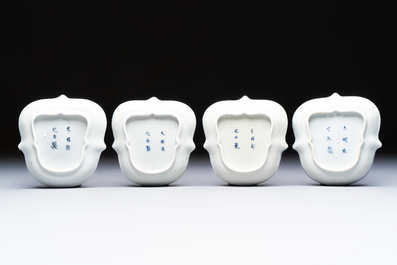 Three Japanese Arita blue and white &lsquo;Van Frytom&rsquo; cups and four shield-shaped saucers, Ming and Chenghua mark, ca. 1700