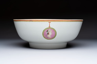 A rare and large Chinese famille rose 'Mythological Subject' punch bowl for the Danish market, Qianlong, ca. 1790