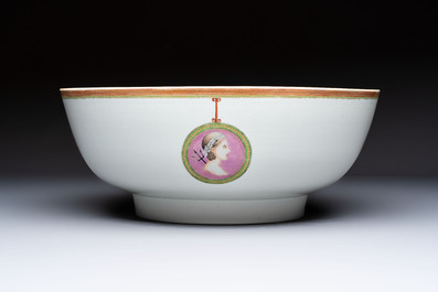 A rare and large Chinese famille rose 'Mythological Subject' punch bowl for the Danish market, Qianlong, ca. 1790