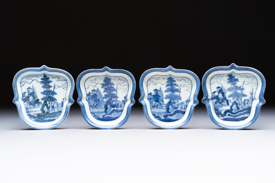Three Japanese Arita blue and white &lsquo;Van Frytom&rsquo; cups and four shield-shaped saucers, Ming and Chenghua mark, ca. 1700