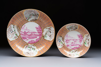 A Chinese famille rose puce-enamelled 'Riverscape' plate, cup and saucer, Jiaqing