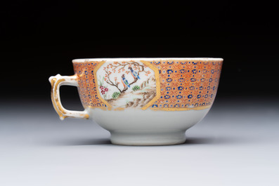 A Chinese famille rose puce-enamelled 'Riverscape' plate, cup and saucer, Jiaqing