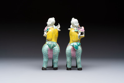A pair of Chinese famille rose models of a boy riding a qilin and a bitong, 19/20th C.
