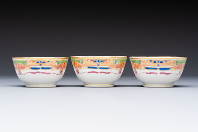 Three sets of Chinese famille rose gilt-decorated 'Bird among Flowering Branches' cups and saucers, 19th C.