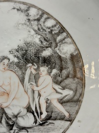 A rare large Chinese grisaille and gilt-decorated 'Venus bathing' dish, Qianlong