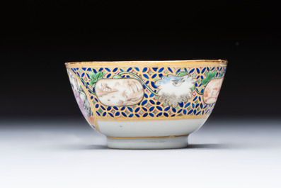 A Chinese famille rose gilt-decorated cup and saucer with figural design, Jiaqing