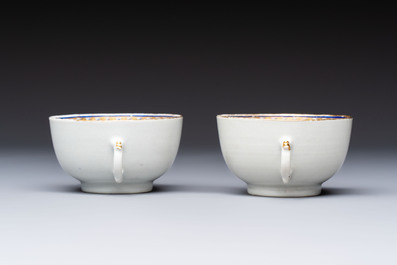 Two sets of Chinese export monogrammed polychrome cups and saucers, Qianlong/Jiaqing