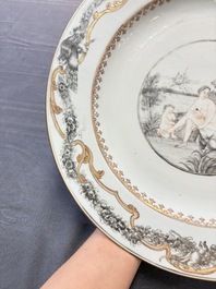 A rare large Chinese grisaille and gilt-decorated 'Venus bathing' dish, Qianlong