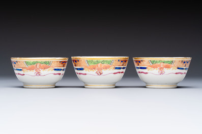 Three sets of Chinese famille rose gilt-decorated 'Bird among Flowering Branches' cups and saucers, 19th C.