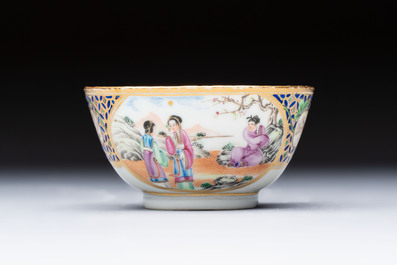 A Chinese famille rose gilt-decorated cup and saucer with figural design, Jiaqing